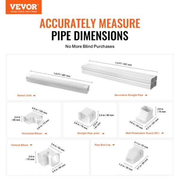 VEVOR mini split line set cover components with precise dimension labels for each part.