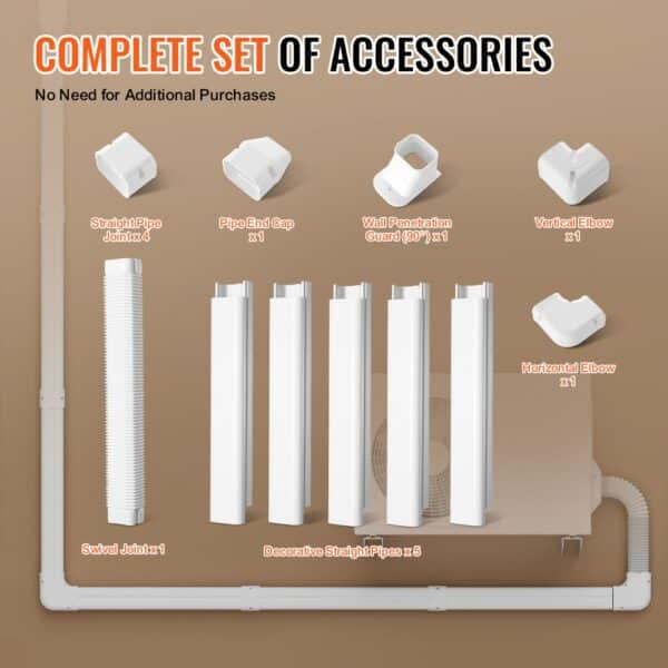 complete set of VEVOR mini split line set cover accessories including pipes, elbows, and caps.