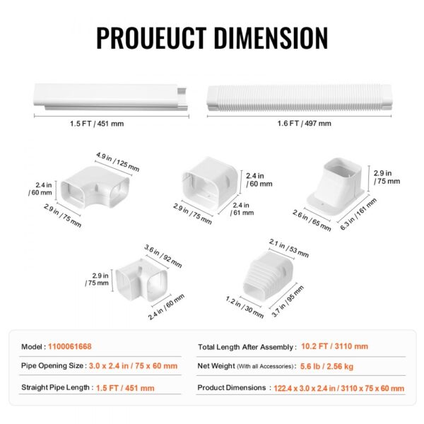 product dimensions and parts of the VEVOR mini split line set cover detailed with measurements.