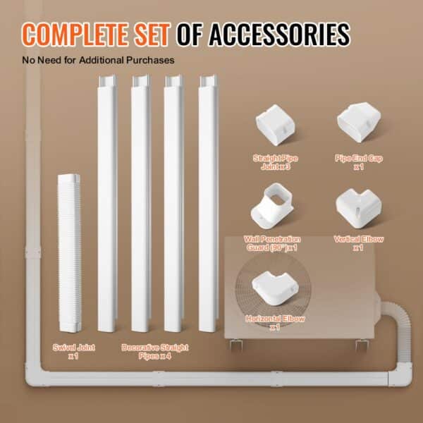 complete set of VEVOR mini split line set cover accessories, including straight pipes and various joints.