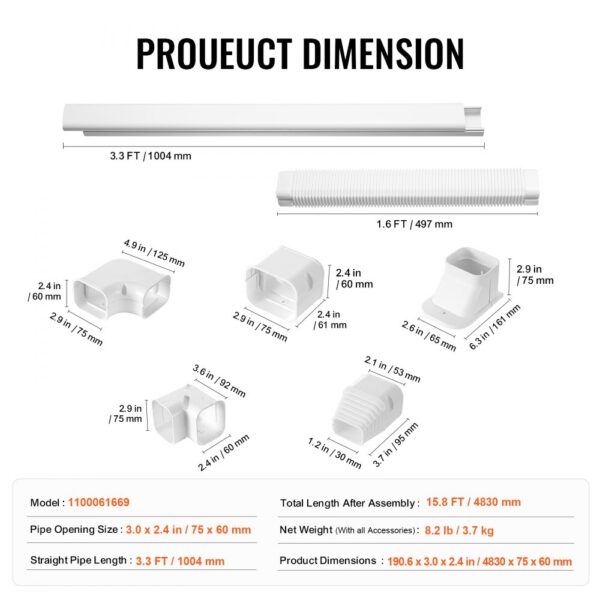 dimensions of various parts in VEVOR mini split line set cover kit, totaling 15.8 ft length.