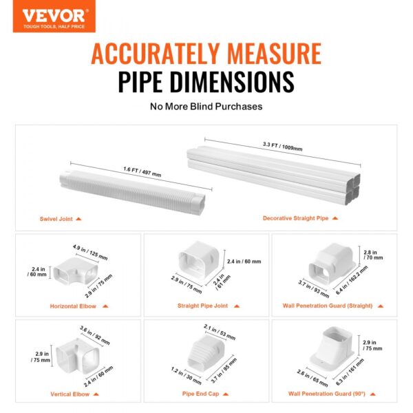 VEVOR mini split line set cover with various joint and elbow measurements for accurate pipe fitting.