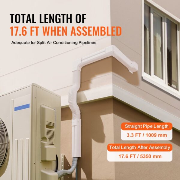 VEVOR mini split line set cover installed on wall, showing total length of 17.6 feet when assembled.