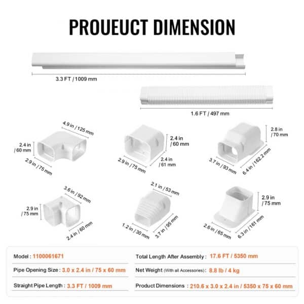 product dimensions for VEVOR mini split line set cover, detailing pipes and fittings in various sizes.