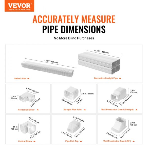 VEVOR mini split line set cover measurements for swivel joint, straight pipe, elbows, and caps.