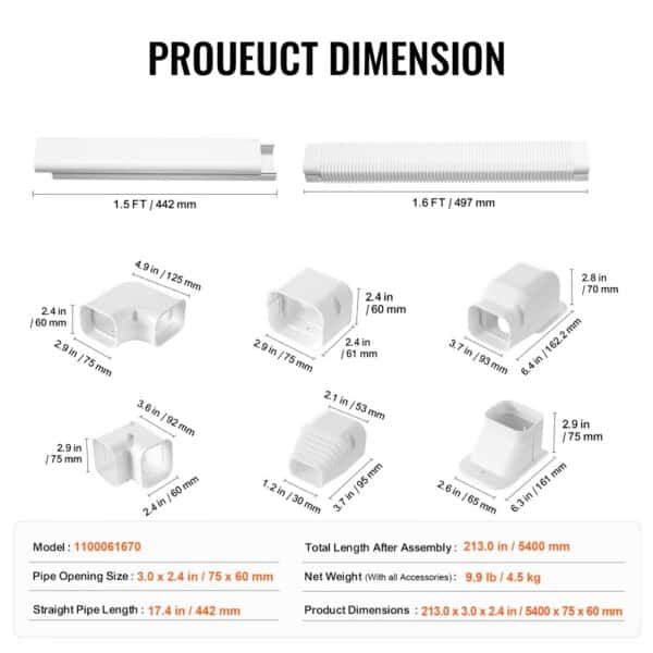 VEVOR mini split line set cover dimensions and components, various fittings, and pipe measurements.