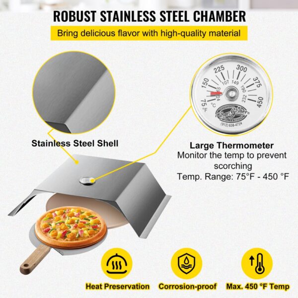 robust stainless steel VEVOR pizza oven kit with thermometer and delicious pizza.