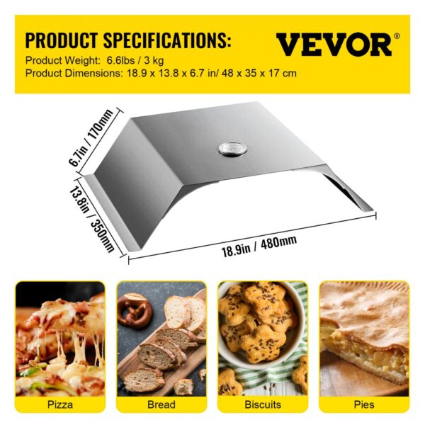 VEVOR pizza oven kit with dimensions and images of pizza, bread, biscuits, and pies.