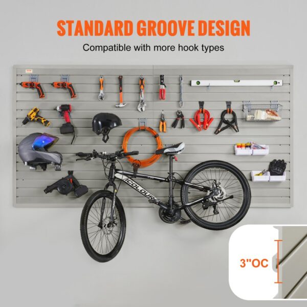 VEVOR garage wall panels with tools, bike, and accessories organized on standard groove design hooks.