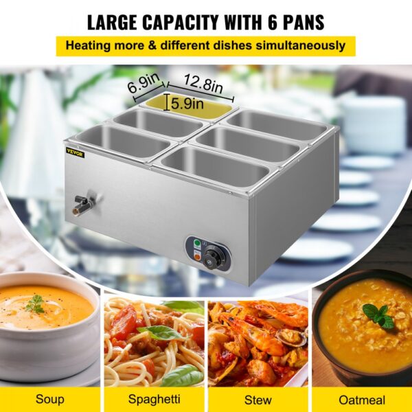 VEVOR Countertop Food Warmer 6-Pan Commercial Food Warmer 850W Electric Countertop Steam Table 15cm/6inch Deep Stainless Steel Bain Marie Large Capacity 7 Quart for Buffet Catering