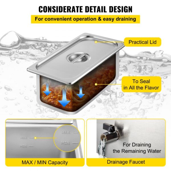 VEVOR Countertop Food Warmer 6-Pan Commercial Food Warmer 850W Electric Countertop Steam Table 15cm/6inch Deep Stainless Steel Bain Marie Large Capacity 7 Quart for Buffet Catering