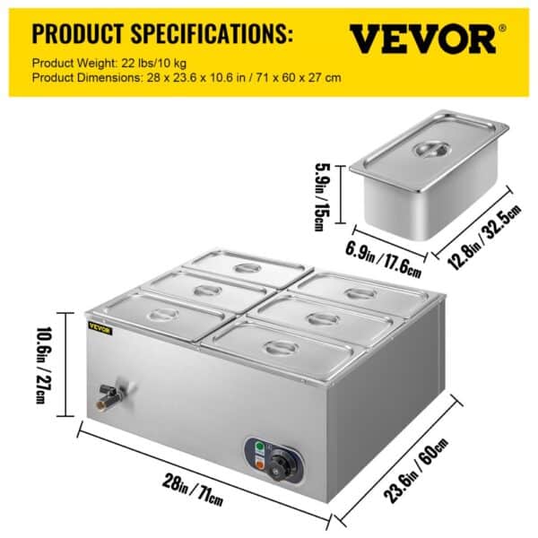 VEVOR Countertop Food Warmer 6-Pan Commercial Food Warmer 850W Electric Countertop Steam Table 15cm/6inch Deep Stainless Steel Bain Marie Large Capacity 7 Quart for Buffet Catering