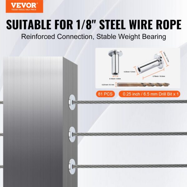 VEVOR stainless steel protector sleeves for 1/8" steel wire rope, complete with drill bit and 81 pcs set.