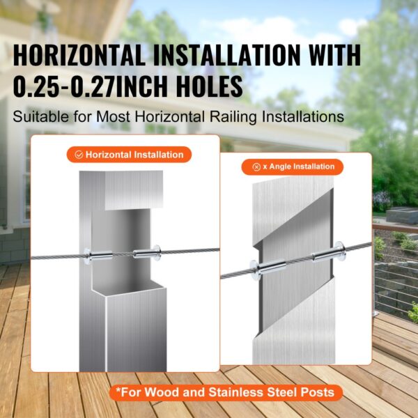 VEVOR stainless steel protector sleeves for horizontal railing installations with 0.25-0.27 inch holes.