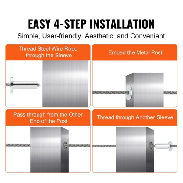 easy 4-step installation process of VEVOR stainless steel protector sleeves for steel wire rope in metal posts.