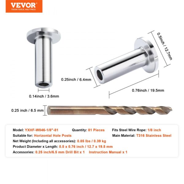 VEVOR stainless steel protector sleeves with drill bit for horizontal hole posts, 81 pieces.