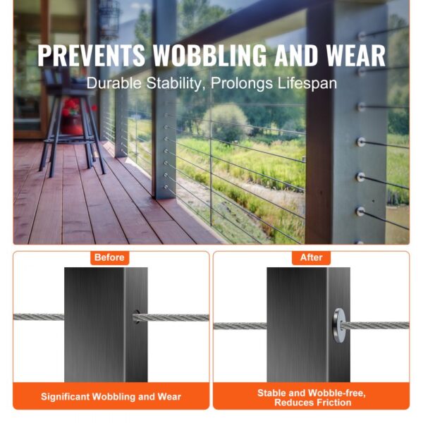 VEVOR stainless steel cable railing sleeves prevent wobbling and wear, ensuring stable, durable railings.