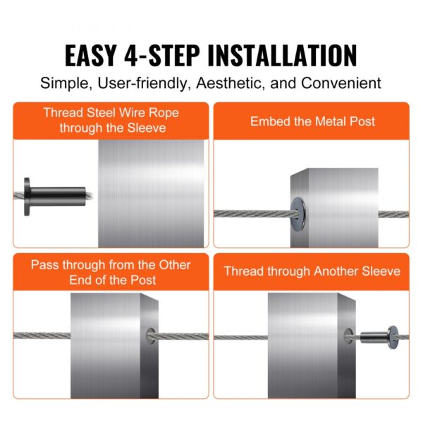 easy 4-step installation guide for VEVOR stainless steel cable railing sleeves with clear visual instructions.