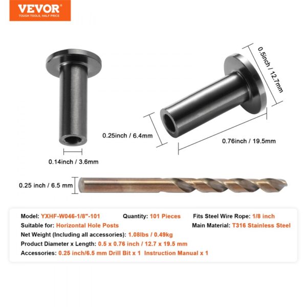 VEVOR stainless steel cable railing sleeves for horizontal hole posts with 0.25-inch drill bit.