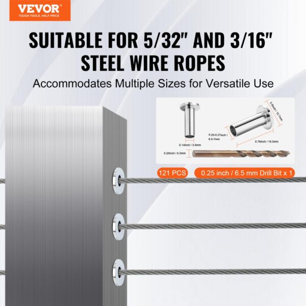 VEVOR stainless steel protector sleeves for 5/32" and 3/16" steel wire ropes, includes 121 pcs and drill bit.