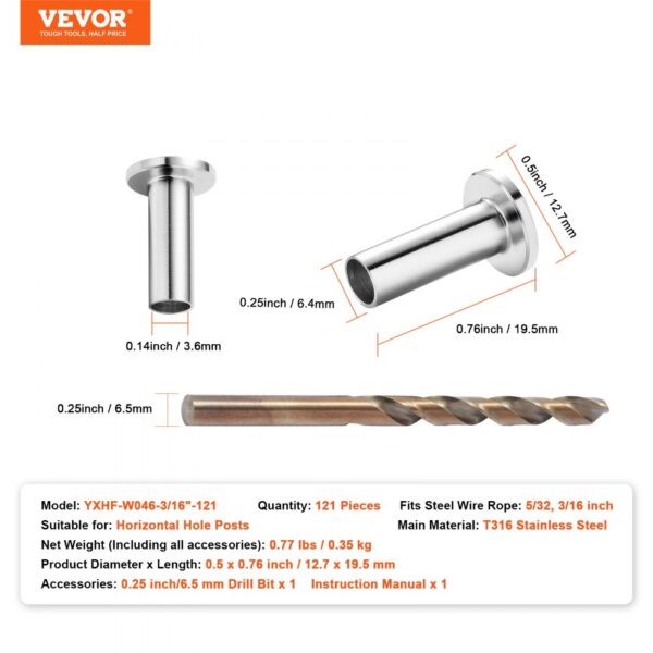 VEVOR stainless steel protector sleeves with horizontal hole posts and drill bit. quantity: 121 pieces.