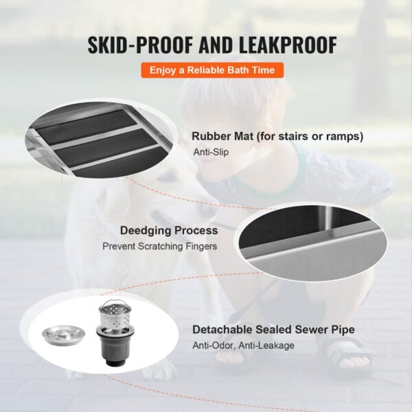 VEVOR dog grooming tub with anti-slip rubber mat, scratch prevention, drainage hole, and anti-odor pipe.