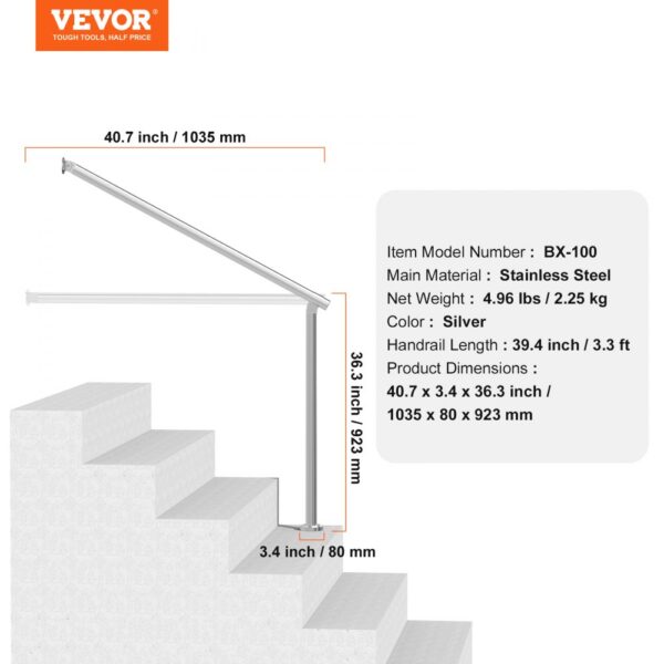 VEVOR 39.4in 100cm Handrails for Outdoor Steps for Porch Deck Stainless Steel