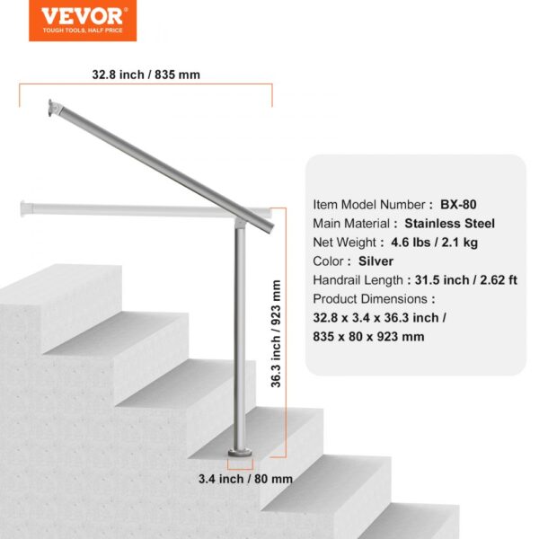 VEVOR 31.5in 80cm Handrails for Outdoor Steps for Porch Deck Stainless Steel