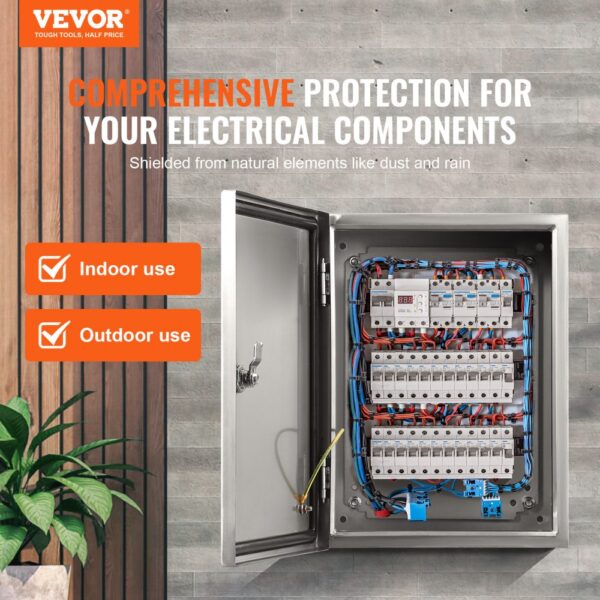 VEVOR electrical enclosure box open, showcasing wiring and components, suitable for indoor and outdoor use.