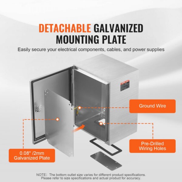 VEVOR electrical enclosure box with detachable galvanized plate, ground wire, and pre-drilled wiring holes.