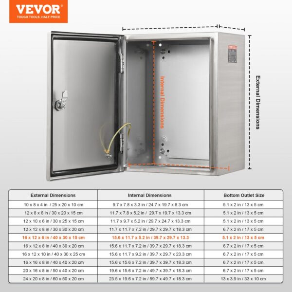 VEVOR electrical enclosure box with open door, displaying internal dimensions and a size chart.