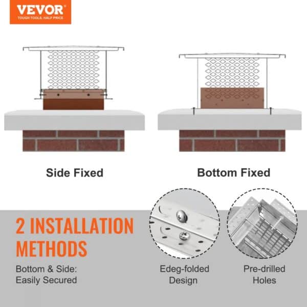 VEVOR chimney cap with side fixed and bottom fixed installation methods, edge-folded design, pre-drilled holes.