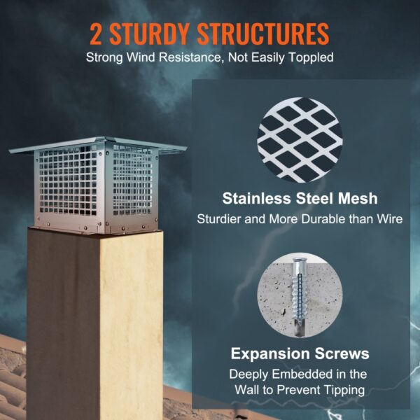 VEVOR chimney cap with stainless steel mesh and secure expansion screws for strong wind resistance.