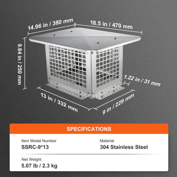 VEVOR chimney cap, 304 stainless steel, 14.96x18.5x9.84 inches, ssrc-9*13, 5.07 lbs (2.3 kg).