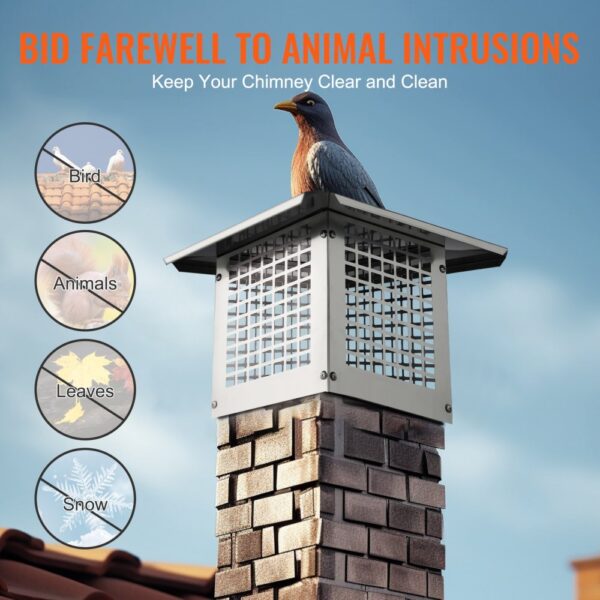 VEVOR chimney cap blocks animals, leaves, snow; stainless steel with bird figure on top of brick chimney.