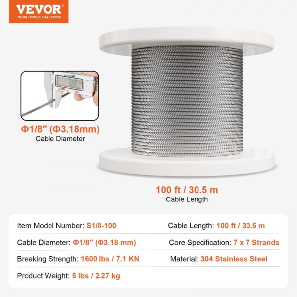 VEVOR T304 Stainless Steel Cable 1/8" 7x7 Steel Wire Rope 100 ft Cable Railing