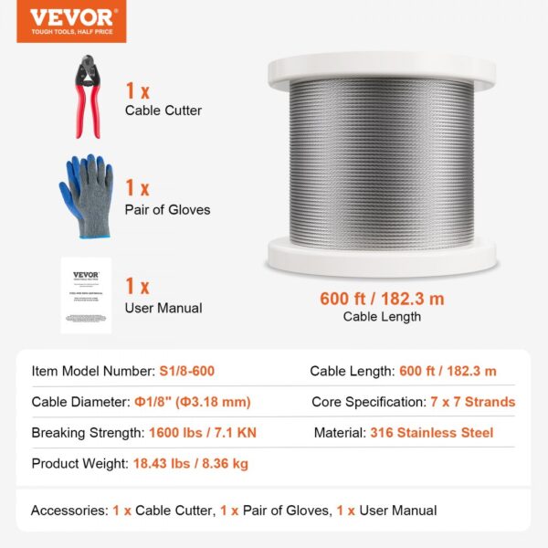 VEVOR T316 Stainless Steel Cable 1/8" 7x7 Steel Wire Rope 600 ft Cable Railing