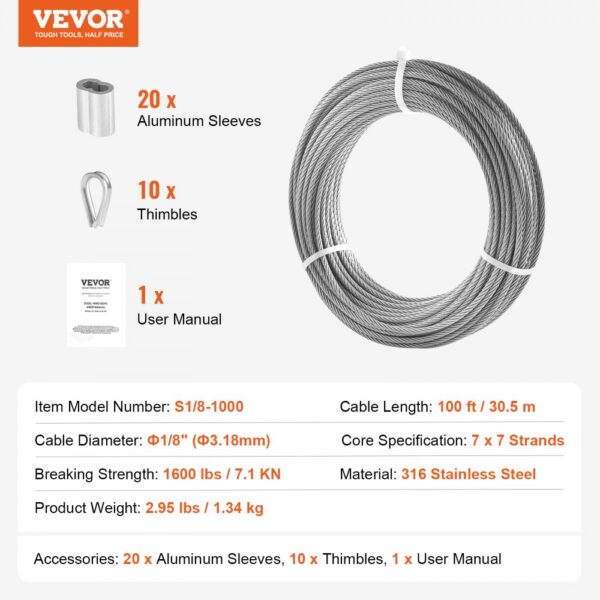 VEVOR T316 Stainless Steel Cable 1/8" 7x7 Steel Wire Rope 100 ft Cable Railing