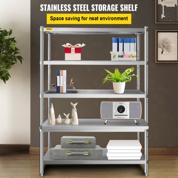 VEVOR stainless steel shelving unit displaying books, decor, plant, boxes, and a radio.