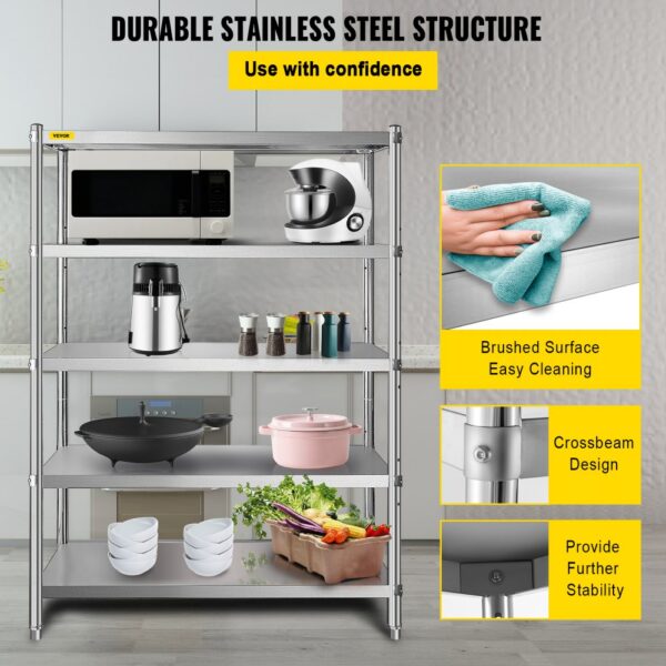 VEVOR stainless steel shelving unit with kitchen appliances and cleaning features.