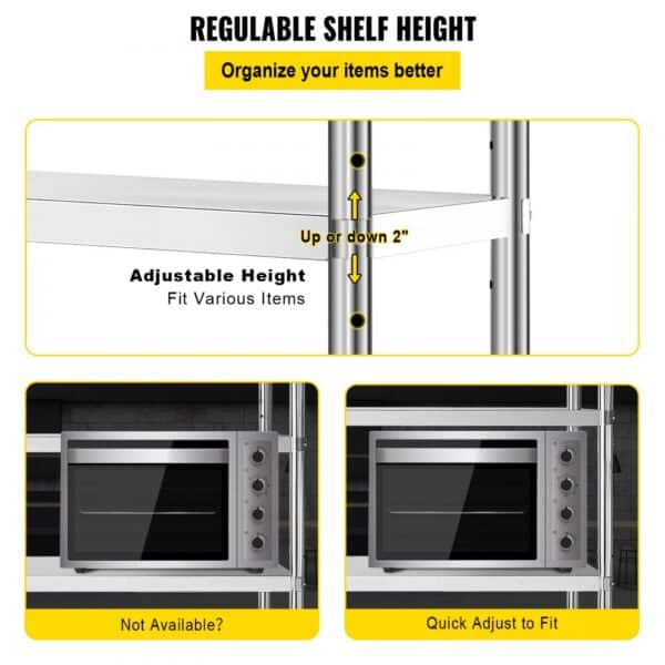 VEVOR stainless steel shelving unit with adjustable shelf height for various items.