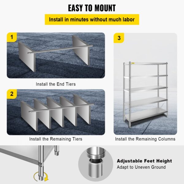 VEVOR stainless steel shelving unit assembly steps and adjustable feet height.