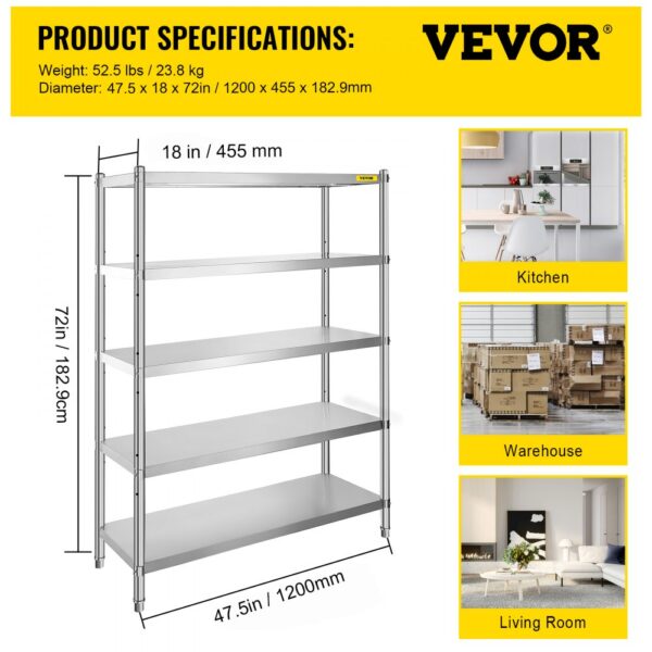 VEVOR stainless steel shelving unit with five shelves for kitchen, warehouse, and living room.