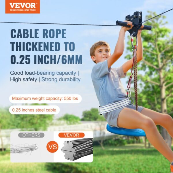 VEVOR Zipline Kit for Kids and Adult, 100 ft Zip Line Kits Up to 500 lb, Backyard Outdoor Quick Setup Zipline, Playground Entertainment with Stainless Steel Zipline, Spring Brake, Safety Harness, Seat