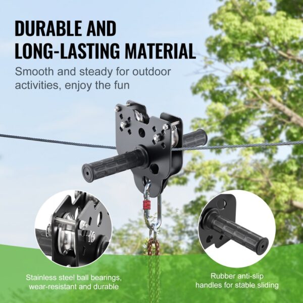 VEVOR zipline kit with durable steel ball bearings and rubber anti-slip handles against a lush tree backdrop.