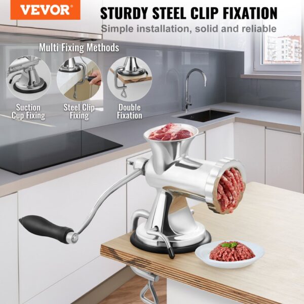 VEVOR manual meat grinder with steel clip fixation in a modern kitchen, showing beef grinding process.