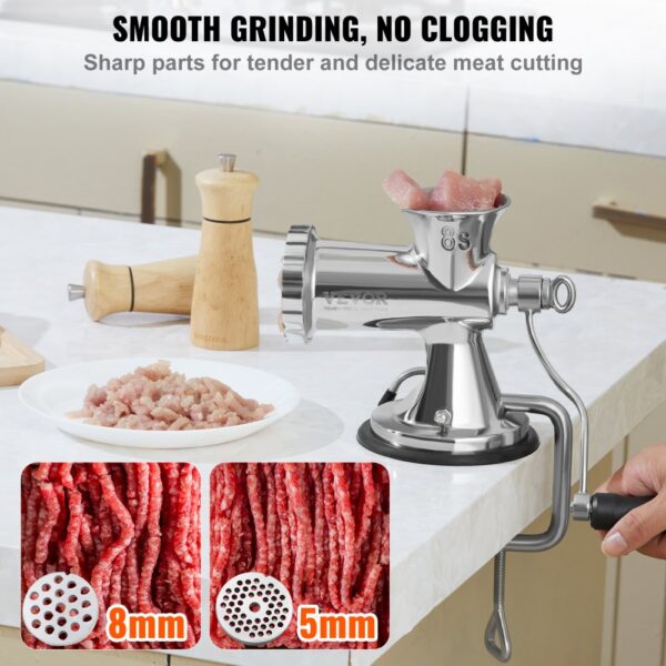 VEVOR manual meat grinder with minced meat on a plate and fine/coarse grinding options.