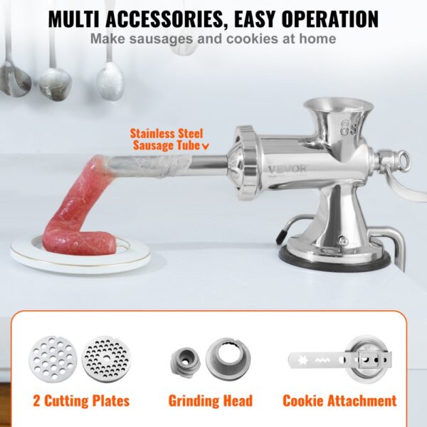 VEVOR manual meat grinder with sausage, cutting plates, grinding head, and cookie attachment.