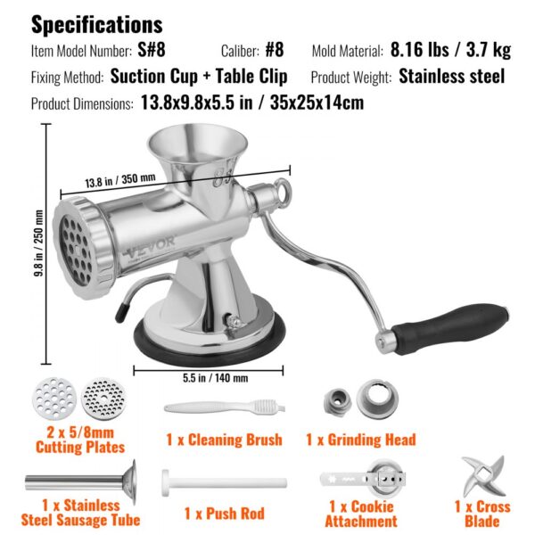 VEVOR manual meat grinder with sausage tube, cutting plates, cleaning brush, and cookie attachment.