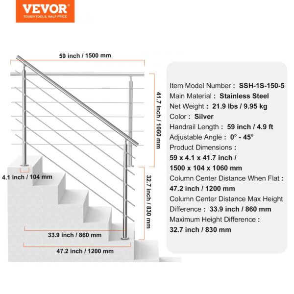 VEVOR 59in Handrails for Outdoor Steps 5 Crossbars Staircase for Porch Deck